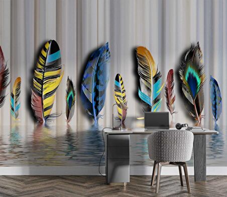 Rengârenk Tüy Desenli Duvar Kağıdı Baskı