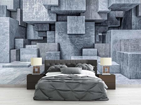 3 Boyutlu Beton Küp Görünümlü Duvar Kağıdı Baskı