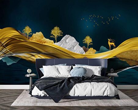 Moder Lacivert Gold Sanatsal Manzara Duvar Kağıdı Baskı