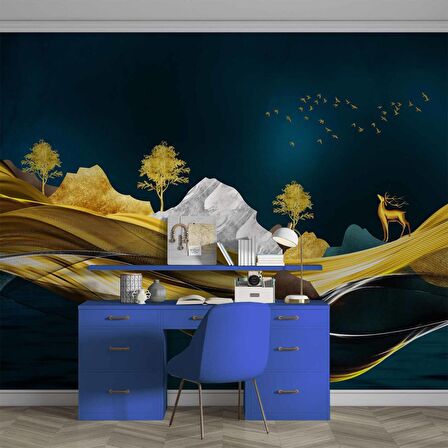 Moder Lacivert Gold Sanatsal Manzara Duvar Kağıdı Baskı