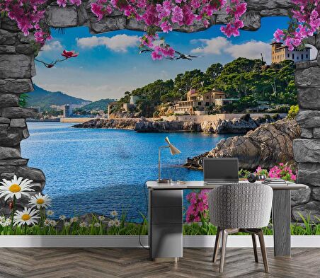 3 Boyutlu Kaya Desenli Deniz Manzaralı Duvar Kağıdı Baskı