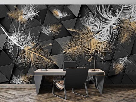 3 Boyutlu Siyah Tüy Desenli Duvar Kağıdı Baskı