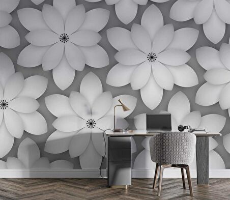 Gri Çiçek Duvar Kağıdı Baskı