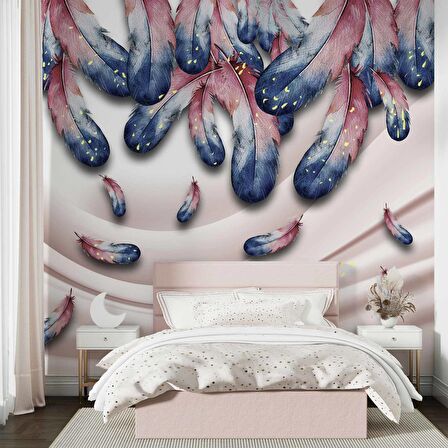 Pembe Mavi Renkli Tüy Desenli Duvar Kağıdı Baskı