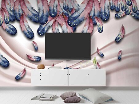 Pembe Mavi Renkli Tüy Desenli Duvar Kağıdı Baskı