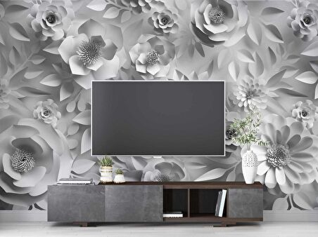 3 Boyutlu  Beyaz ve Gri Çiçek Duvar Kağıdı Baskı