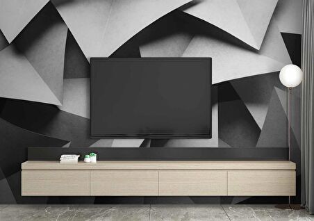 3 Boyutlu Siyah Geometrik Kabartma Görünümlü Duvar Kağıdı Baskı