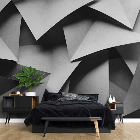 3 Boyutlu Siyah Geometrik Kabartma Görünümlü Duvar Kağıdı Baskı