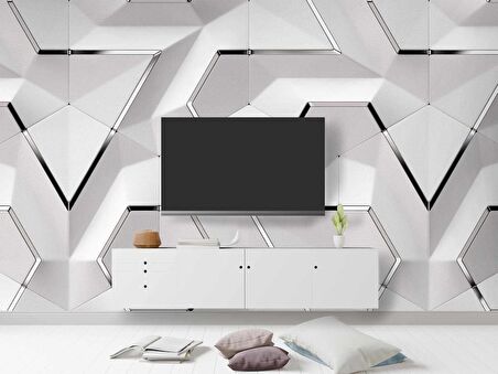 3 Boyutlu Beyaz Geometrik Kabartma Görünümlü Duvar Kağıdı Baskı