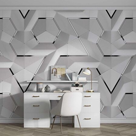 3 Boyutlu Beyaz Geometrik Kabartma Görünümlü Duvar Kağıdı Baskı