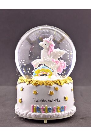 Sevgiliye Hediye Little Star Gökkuşağı Unicorn Kar Küresi Orta Boy Işıklı Müzikli 12cm