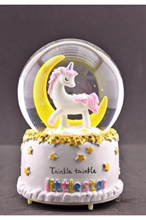 Sevgiliye Hediye Little Star Unicorn Ay Kar Küresi Orta Boy Işıklı Müzikli 12cm