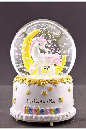 Sevgiliye Hediye Little Star Unicorn Ay Kar Küresi Orta Boy Işıklı Müzikli 12cm