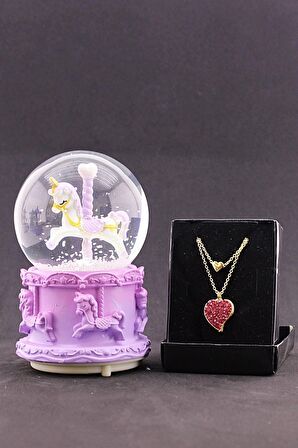 Sevgiliye Hediye Mor Unicorn Tasarımlı Kar Küresi Işıklı Müzikli 12 Cm Ve Taşlı Zirkon Kolye
