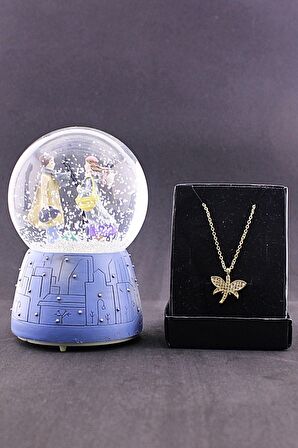Sevgiliye Yeni Kış Masalı Orta Boy Kar Küresi Ve Zirkon Taş Kolye Set 12cm Boy Işıklı Müzikli