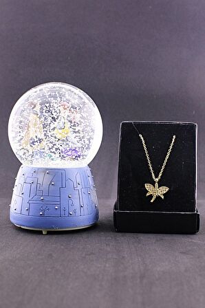 Sevgiliye Yeni Kış Masalı Orta Boy Kar Küresi Ve Zirkon Taş Kolye Set 12cm Boy Işıklı Müzikli