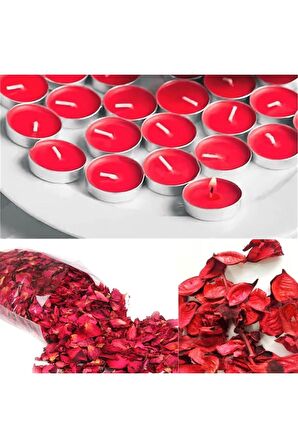 Sevgiliye Hediye 1000 Adet Kuru Gül Yaprağı + 25 Adet Kırmızı Tealight Mum Romantik Süsleme