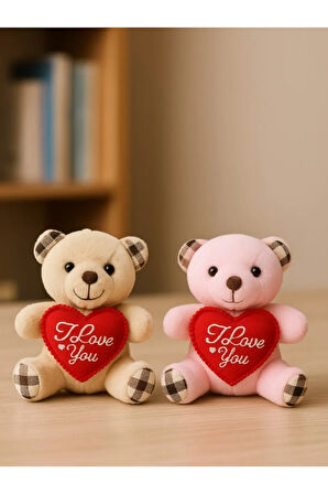 Sevgiliye Özel Günlere Hediye 2 Adet Sevimli Mini Peluş Ayıcık Kalpli 'I Love You' Mesajlı 11x9 CM