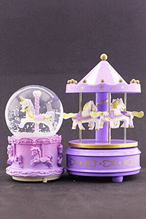 Sevgiliye Hediye Mor Unicorn Kar Küresi Işıklı Müzikli 12 Cm Ve Mor Atlıkarınca Set