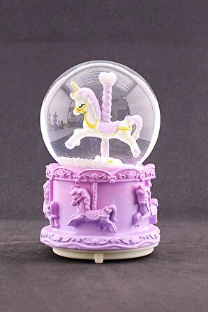 Sevgiliye Hediye Mor Unicorn Kar Küresi Işıklı Müzikli 12 Cm Ve Mor Atlıkarınca Set