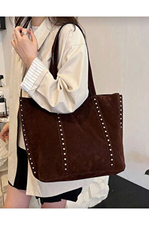 Elegance Suet Kadın Deri Görünümlü Taş Detaylı Büyük Boy Omuz Çantası