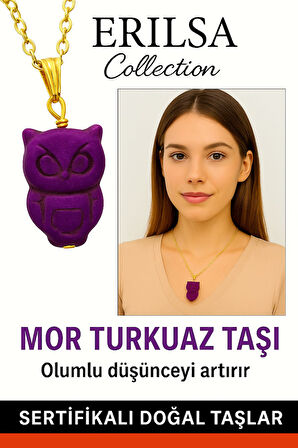 Sertifikalı Gold Baykuş Model Mor Turkuaz Taşı Kolye Ruhsal İletişimi Güçlendirir