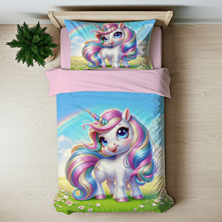 Unicorn Temalı Baskılı Tek Kişilik Nevresim Takımı