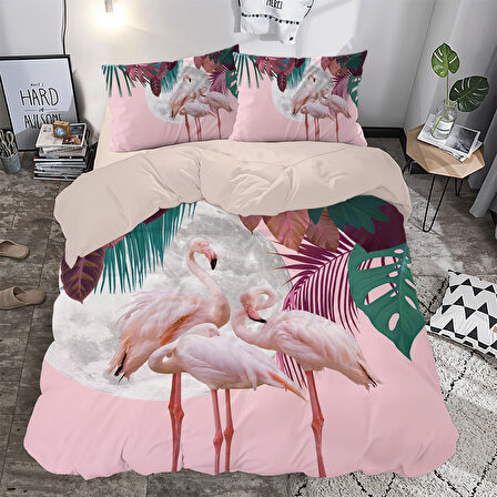 Pembe Flamingo Temalı Baskılı Çift Kişilik Nevresim Takımı