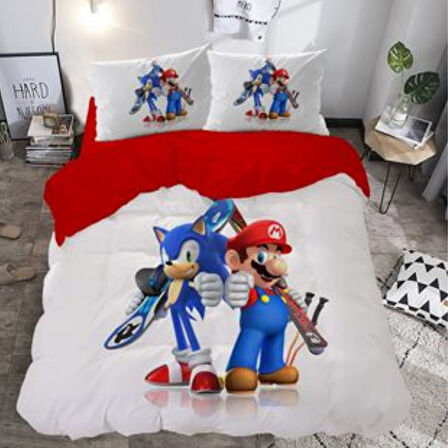 Sonic ve Mario Temalı Baskılı Çift Kişilik Nevresim Takımı