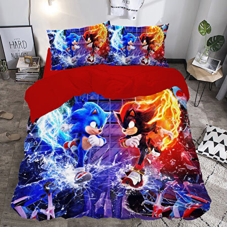 Mavi ve Siyah Sonic Temalı Baskılı Çift Kişilik Nevresim Takımı