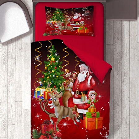 Santa ve Hediyeleri Temalı Baskılı Tek Kişilik Nevresim Takımı