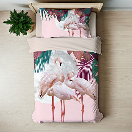 Pembe Flamingo Temalı Baskılı Tek Kişilik Nevresim Takımı