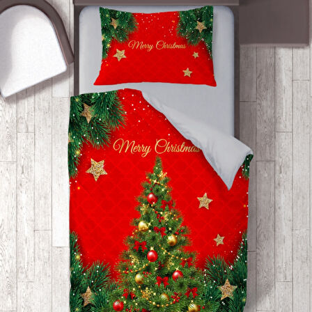 Merry Christmas Temalı Baskılı Tek Kişilik Nevresim Takımı