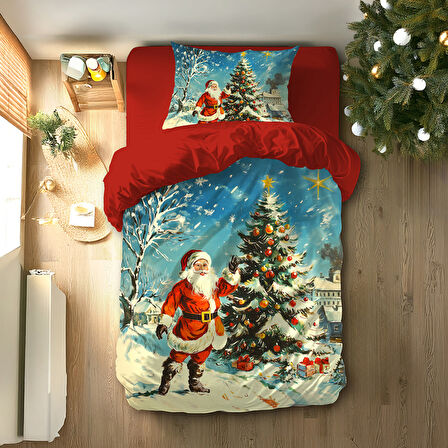 Santa ve Yılbaşı Ağacı Temalı Baskılı Tek Kişilik Nevresim Takımı