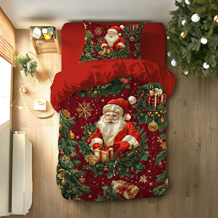 Noel Baba ve Hediye Temalı Baskılı Tek Kişilik Nevresim Takımı