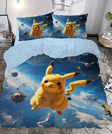Pikachu Temalı Baskılı Çift Kişilik Nevresim Takımı