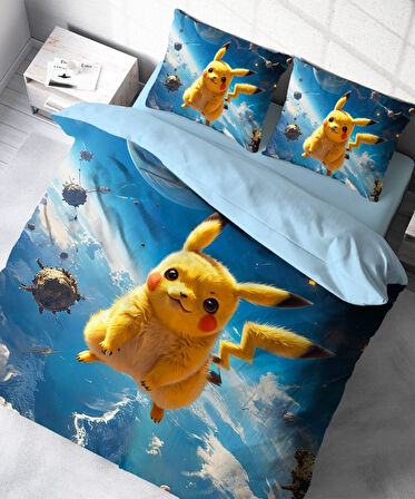 Pikachu Temalı Baskılı Çift Kişilik Nevresim Takımı