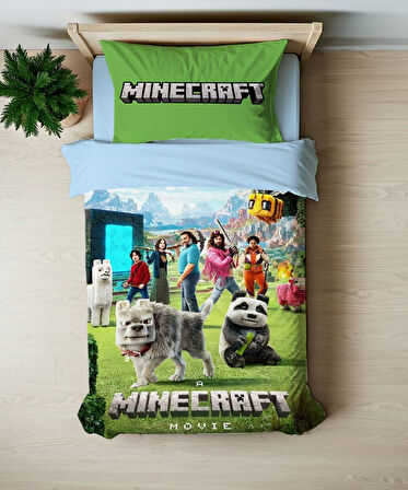 Minecraft Temalı Baskılı Yeşil Tek Kişilik Nevresim Takımı