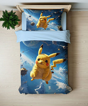 Pikachu Temalı Baskılı Tek Kişilik Nevresim Takımı