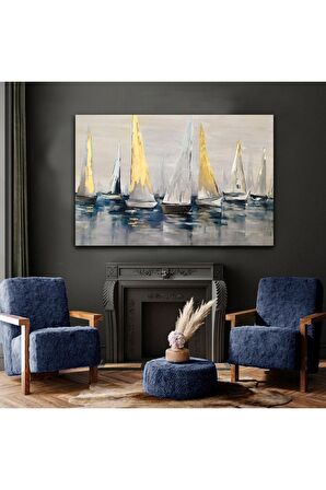 Kayık-yelkenli Tablosu Yağlı Boya Efetkli Petrol Mavisi