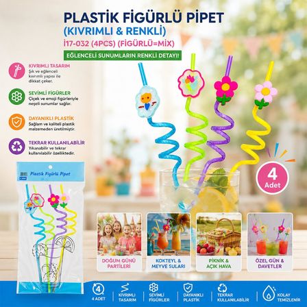 Kıvrımlı Renkli Plastik Pipet - Figürlü Tasarım - 4'lü Paket