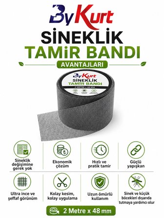 Sineklik Tamir Bandı 2 Metre x 48 mm Yapışkanlı File Onarım Bandı Pencere Balkon Kapı Sineklik Yama Bandı