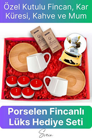 Premium Sevgiliye Anneye Öğretmene Özel Kutulu Porselen Kahve Fincanı Kar Küresi Mum Seti