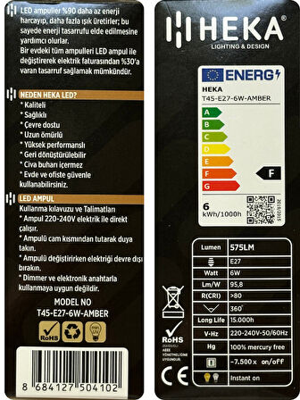 (5 Adet) Heka 6W (48W) 2500K (Günışığı) E27 Duylu (Kalın Duy) Şeffaf Led Ampul