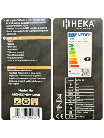(10 Adet) Heka 6W (51W) 6500K (Beyaz Işık) E27 Duylu (Kalın Duy) Led Şeffaf Ampul