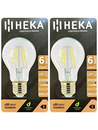 (2 Adet) Heka 6W (51W) 6500K (Beyaz Işık) E27 Duylu (Kalın Duy) Led Şeffaf Ampul