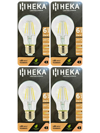 (4 Adet) Heka 6W (51W) 6500K (Beyaz Işık) E27 Duylu (Kalın Duy) Led Şeffaf Ampul