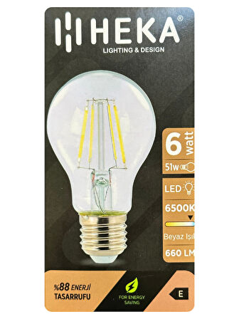 (4 Adet) Heka 6W (51W) 6500K (Beyaz Işık) E27 Duylu (Kalın Duy) Led Şeffaf Ampul