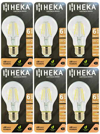 (6 Adet) Heka 6W (51W) 6500K (Beyaz Işık) E27 Duylu (Kalın Duy) Led Şeffaf Ampul