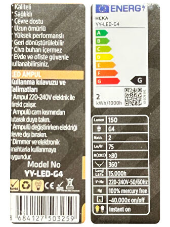 (2 Adet) Heka 2W (14W) 3000K (Sarı Işık) G4 Duylu Dim Edilebilir Led Kapsül Ampul
